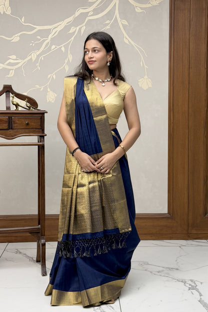 Blue linen crepe saree