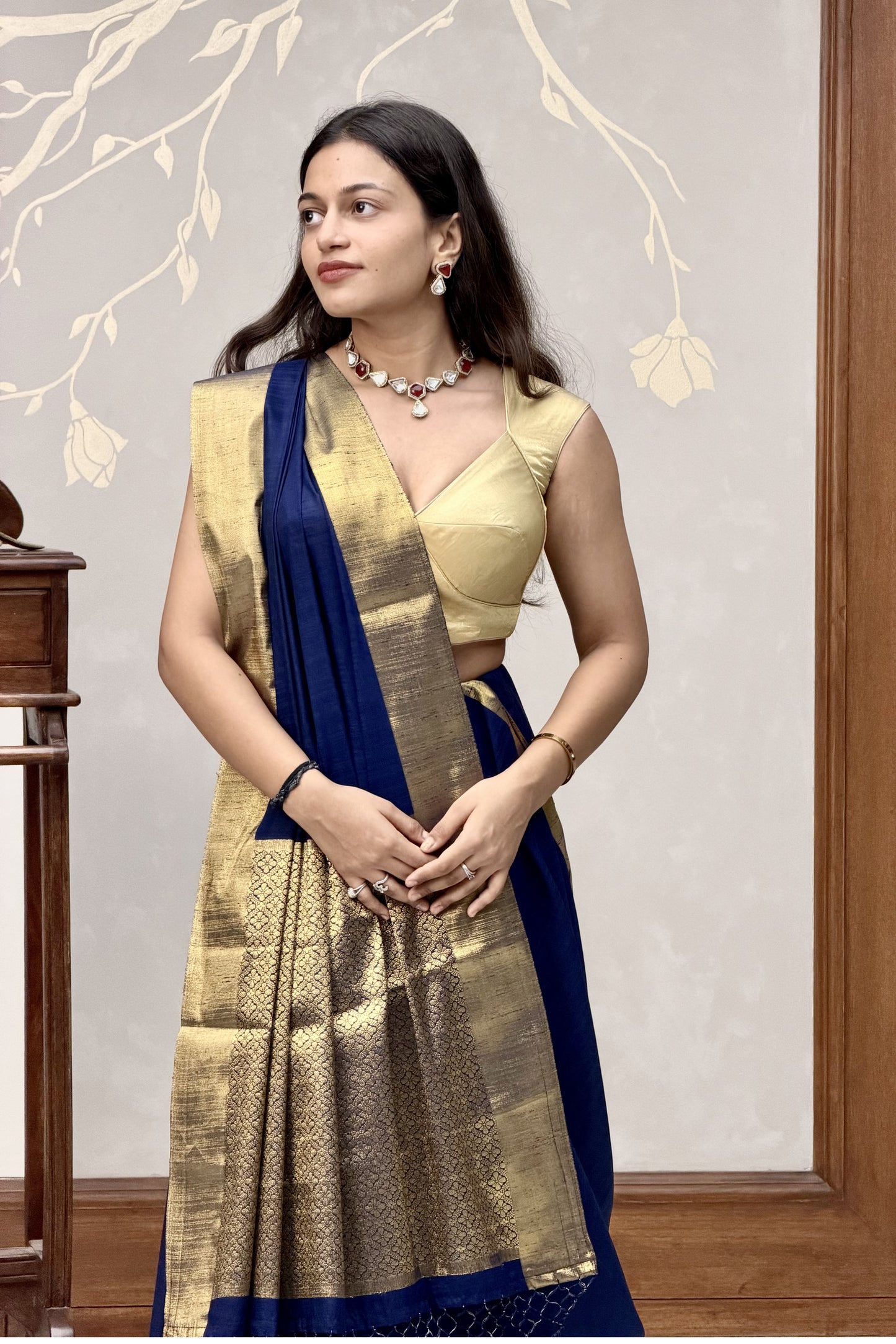 Blue linen crepe saree