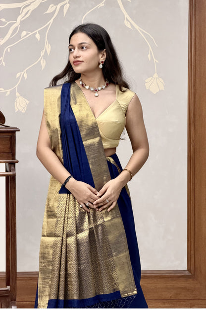 Blue linen crepe saree