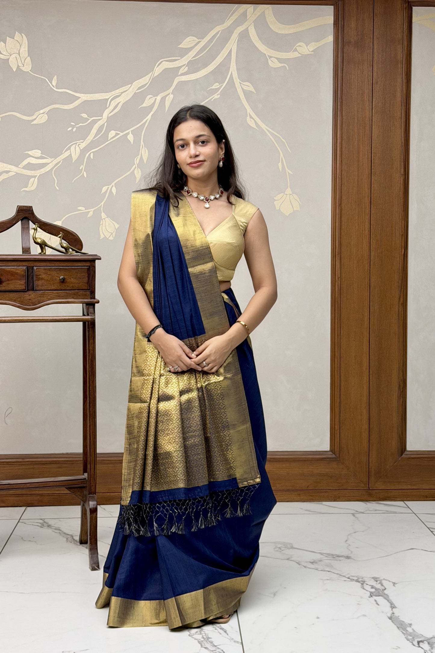 Blue linen crepe saree