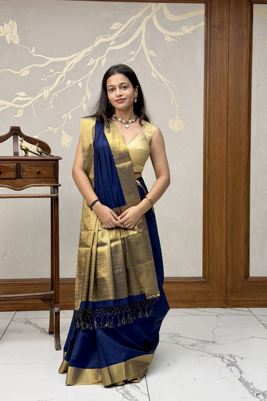Blue linen crepe saree
