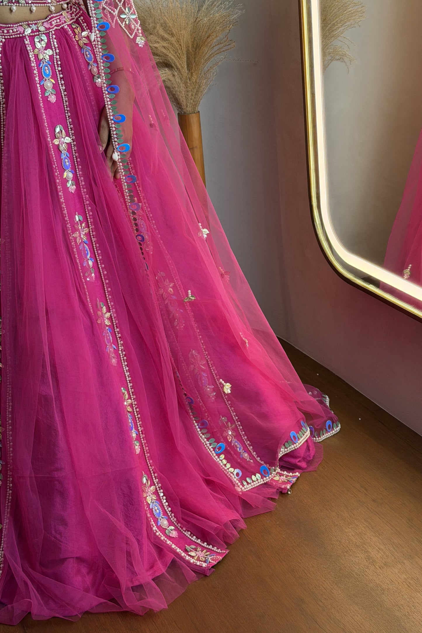 Rani Pearl Net Lehenga With Long Jacket