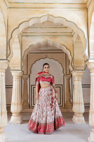 CREAM & PINK GAJI SATIN LEHENGA