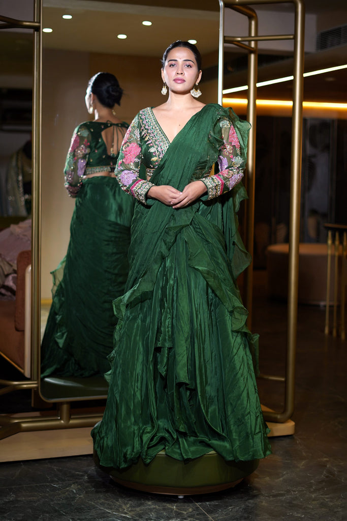 BOTTLE GREEN PRE-STITCHED RUFFLED SAREE