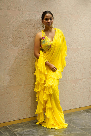 YELLOW CHIFFON READY-TO-WEAR SAREE