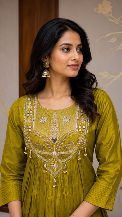 Olive Mustard Embroidered Suit Set