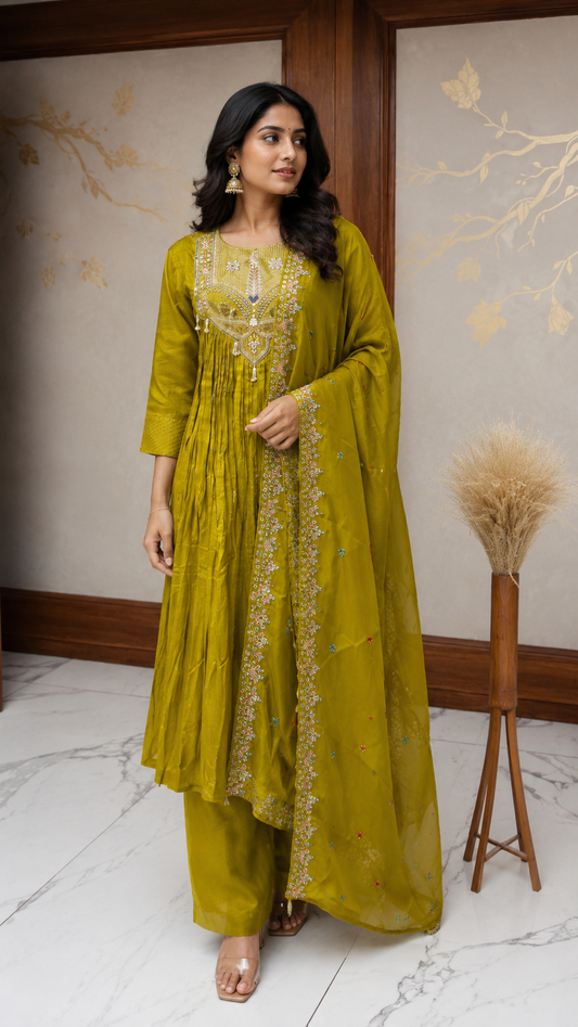 Olive Mustard Embroidered Suit Set