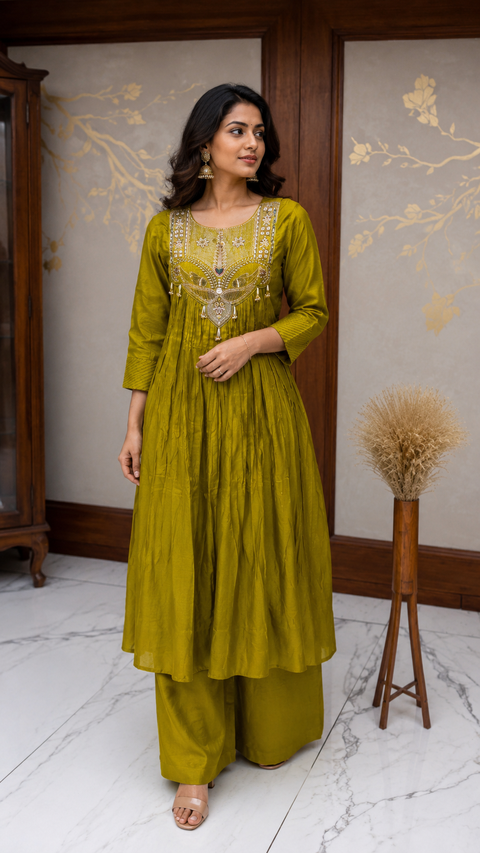 Olive Mustard Embroidered Suit Set