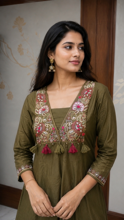 Olive Green Paisley Embroidered Suit Set
