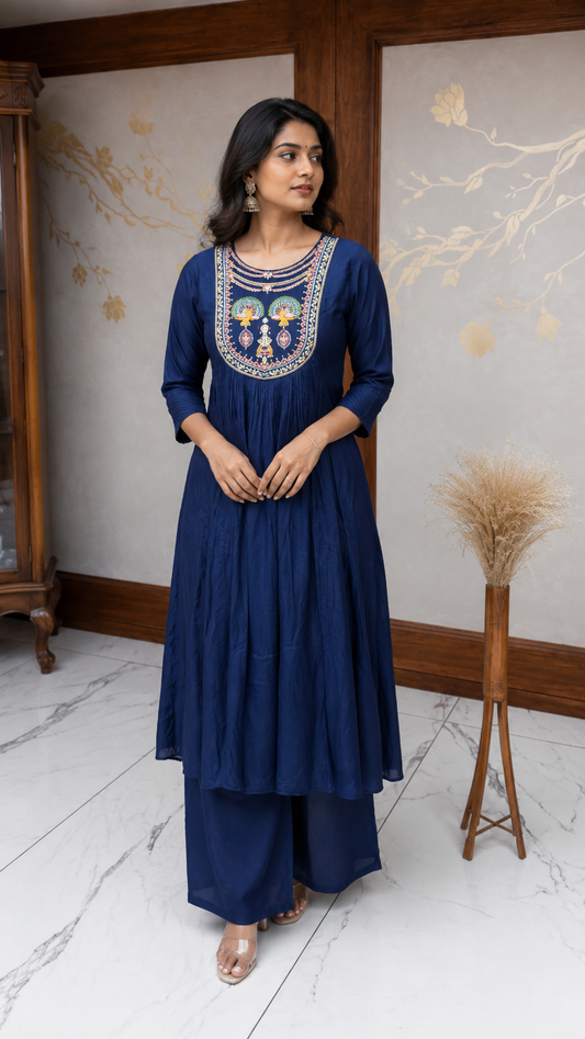 Royal Blue Peacock Embroidered Suit Set