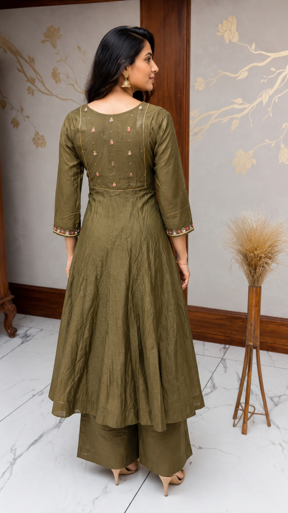 Olive Green Paisley Embroidered Suit Set