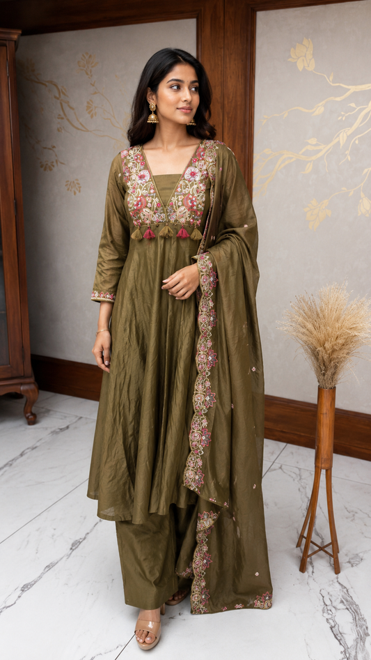 Olive Green Paisley Embroidered Suit Set