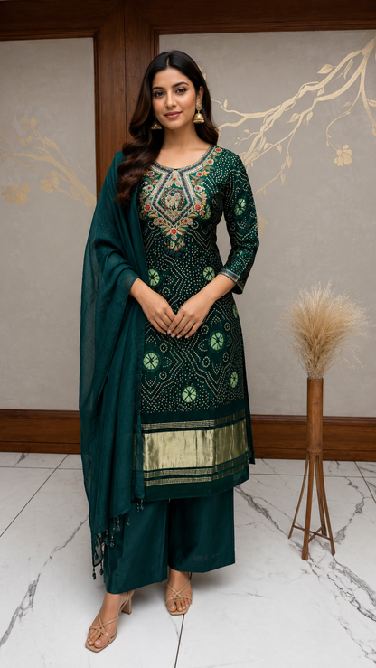 Bottle Green Bandhani Embroidered Kurta Set