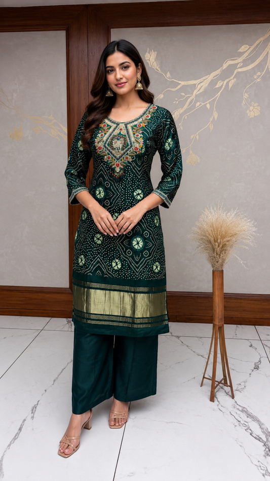 Bottle Green Bandhani Embroidered Kurta Set