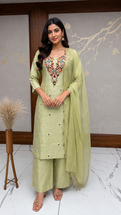 Green embroided dress