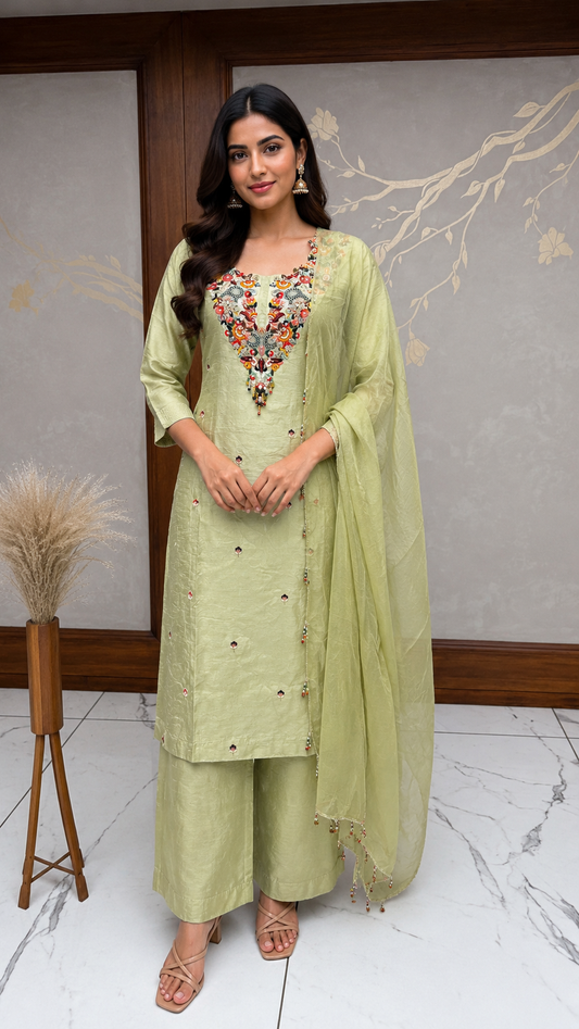 Green embroided dress