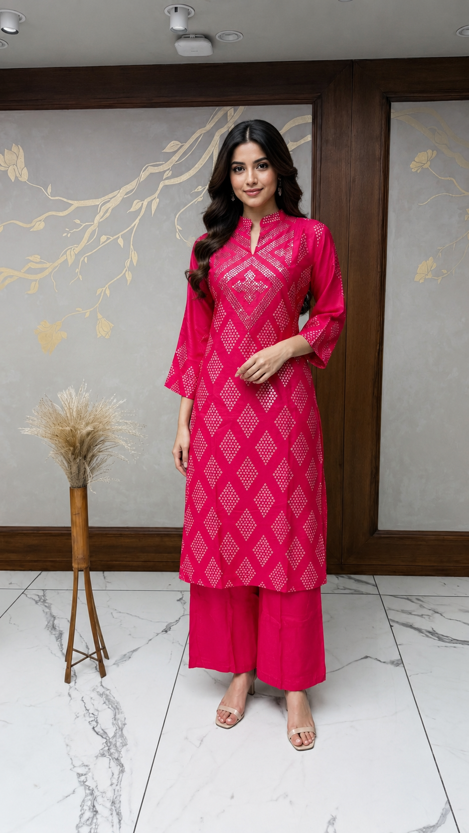 Rani Pink Bandhani Handwork Silk Dress
