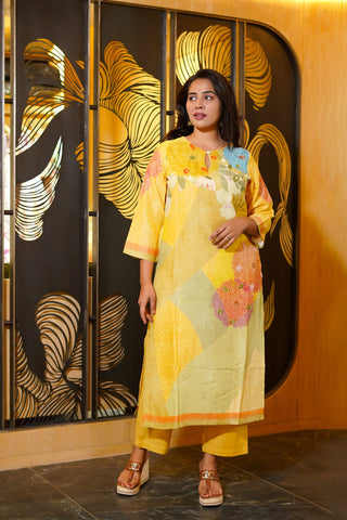 MELLOW YELLOW PRINTED HANDLOOM SILK KURTA SET