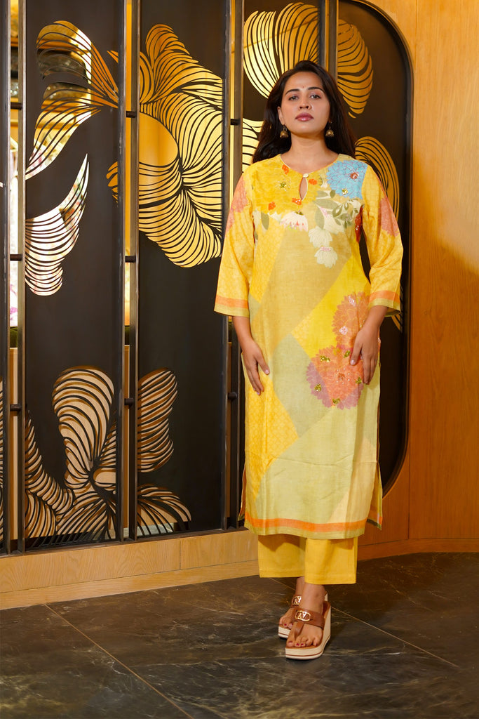 MELLOW YELLOW PRINTED HANDLOOM SILK KURTA SET