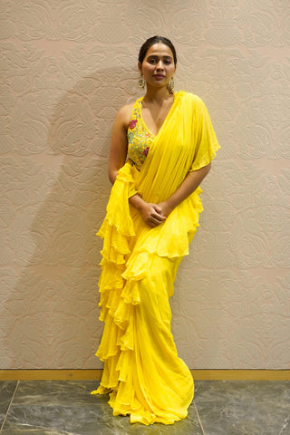 YELLOW CHIFFON READY-TO-WEAR SAREE