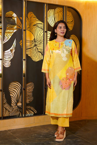 MELLOW YELLOW PRINTED HANDLOOM SILK KURTA SET